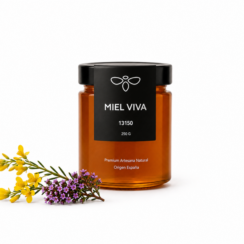 Tarro de miel cruda multifloral de retama y lavanda Mel Viva 250g, miel volcánica de Campos de Calatrava